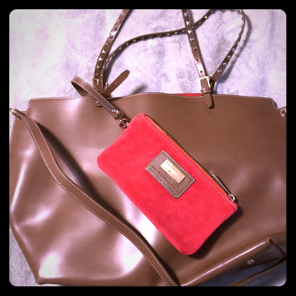 Iacucci Stud Strap Tote. Red suede mini bag inside